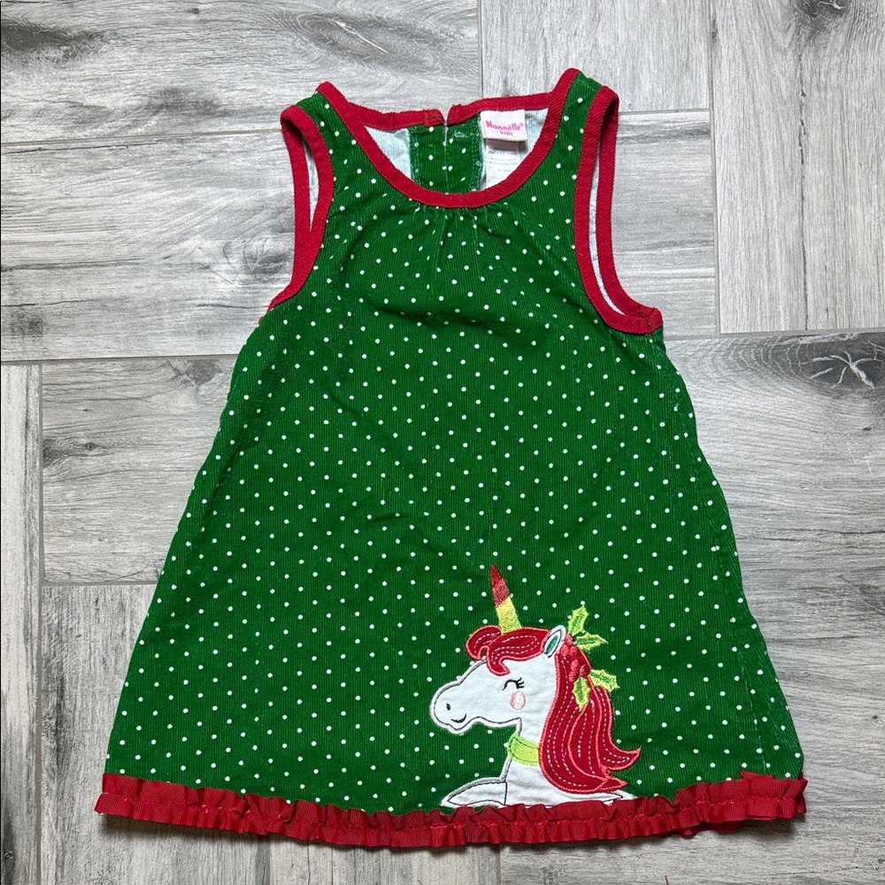 Nannette Kids Green Polka Dot Unicorn Dress with Red Trim 3T